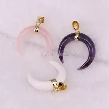 

ZYZ-C5820 6PCS White Bone / Purple Pink Quartz Crescent Pendant Charms Gold color Double Horn Pendant Charms