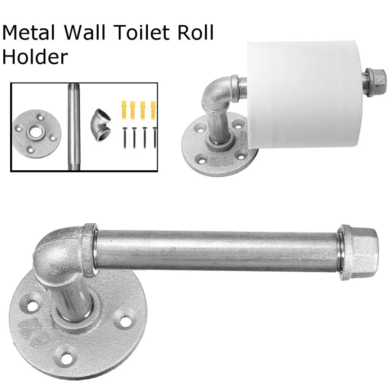 

Industrial Silver Urban Rustic Iron Pipe Toilet Paper Roller Holder Bathroom Wood Shelf Storage Tissue Hanging Rack Wooden Shelf