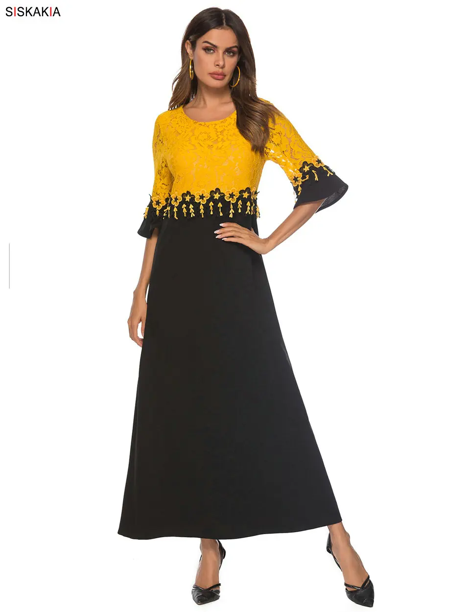 Siskakia кружево Цвет Блок женское длинное платье круглый вырез платья-Макси с длинным рукавом элегантные дамы Eid Adha одежда для Рамадана желтый