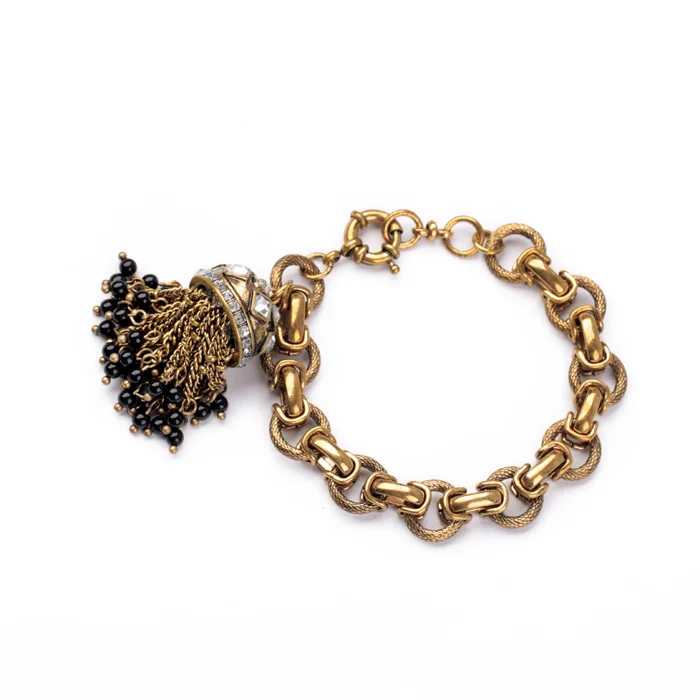 

Wholesale Trendy 2014 Acrylic Zinc Alloy Gold Color New Design Bell Chunky Tassel Chains Bracelet