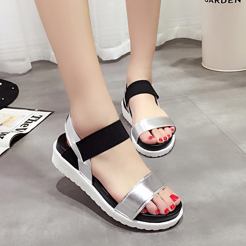 

Women Sandals Slip On Elastic Band Peep Toe Female Summer Shoes Platform Flat Roman Sandals Ladies Comfortable Footwear
