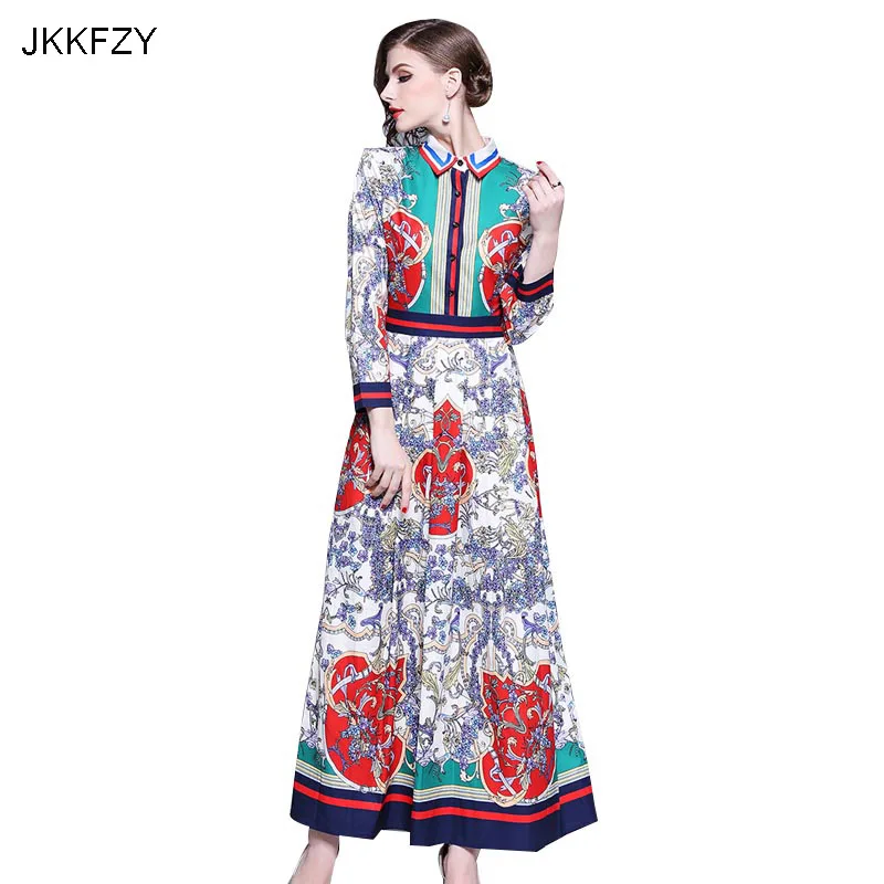 

JKKFZY Women Runway Vintage Shirt Dress High-Quality Ladies New Long Print Dress Party Holiday Vestidos
