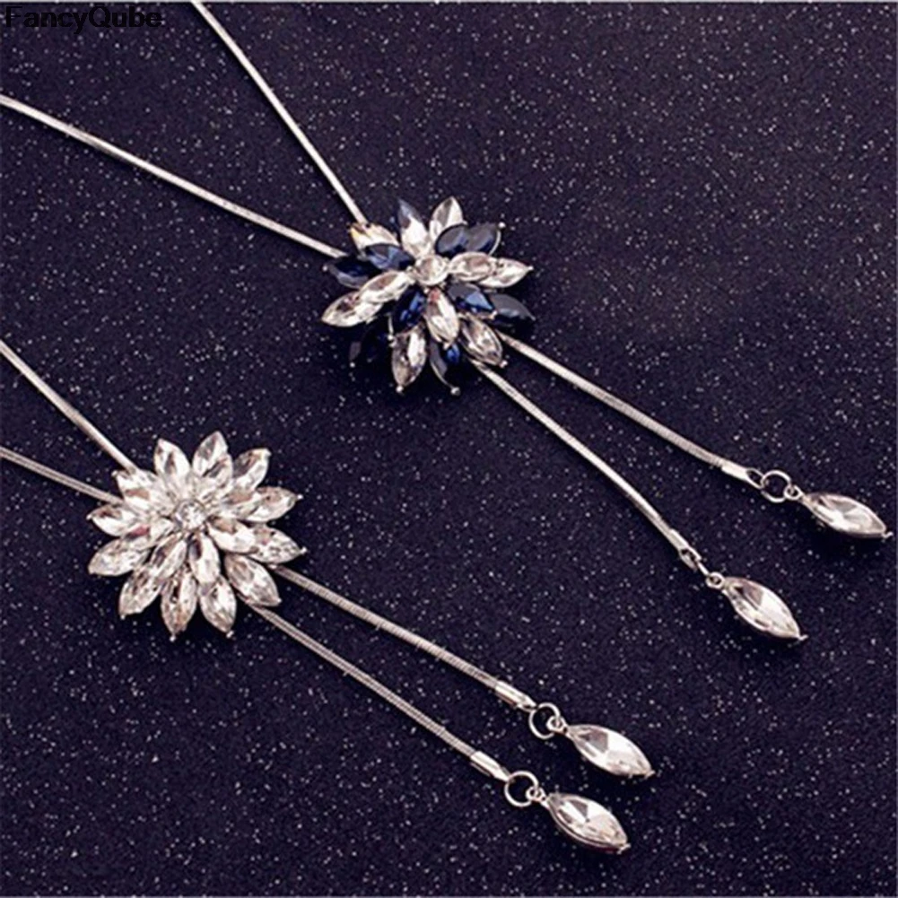 Циркон снежинка длинное ожерелье свитер цепь мода тонкий металлический хрустальный горный хрусталь цветок кулон ожерелье s регулируется