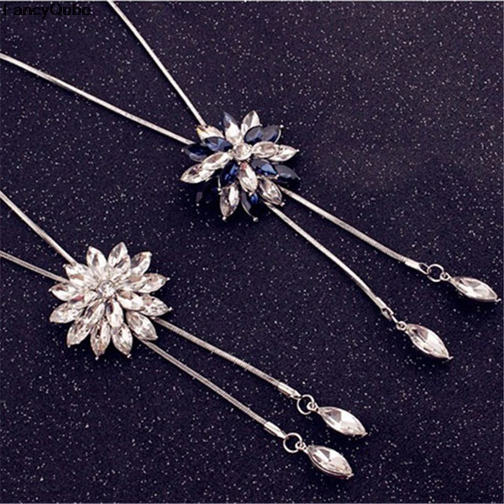 

Zircon Snowflake Long Necklace Sweater Chain Fashion Fine Metal Chain Crystal Rhinestone Flower Pendant Necklaces Adjusted