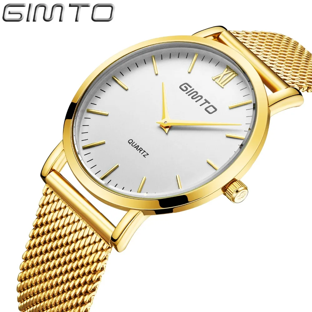 

GIMTO Fashion Gold Watch Men Luxury Mesh Band Men's Watch Waterproof Quartz Wristwatches Ultra Thin Male Clock Men Reloj Hombre