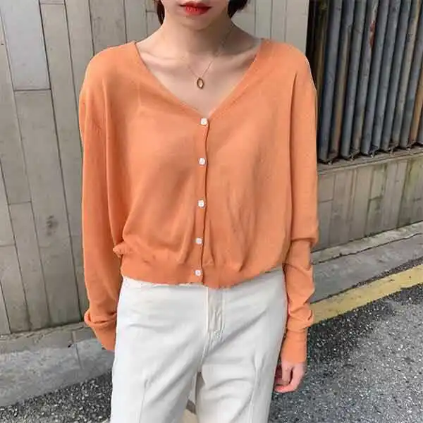 

2019 Korean Version of Basic Pure-color V-neck Single-row Button-up Short Knitted Sweater Women Cardigans V-Neck Women Sweater