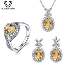 Double-R Natural Diamond Bridal Jewelry Sets Women 4.1 ct Real Citrine Ring earring Pendant Necklace 925 Silver Wedding Jewelry