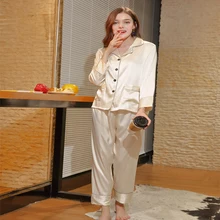 Роскошные Демисезонный Lounge пижамный комплект 2 шт. одноцветное Для женщин пижамы с длинным рукавом мягкий леди ночное атласный шелк Pijama feminino