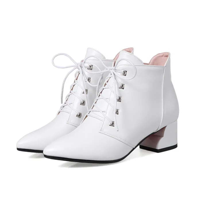 Meotina/женские ботильоны женские полусапожки на низком каблуке Весенняя женская обувь на шнуровке Большие размеры 33-43, женские красные ботинки г. Мода - Цвет: Белый