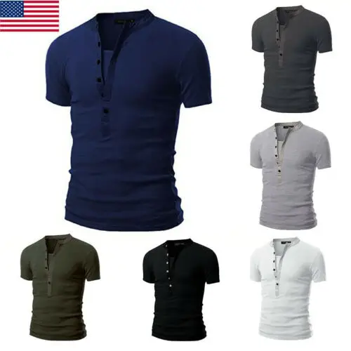

Men's Slim Fit V Neck Short Sleeve Muscle Tee T-shirt Casual Tops Henley Shirts Solid Fashion Button Tee Men comfortable t-shirt