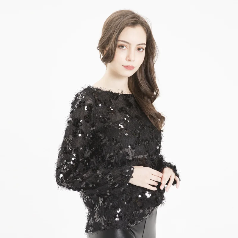 

4 Color 2019 Fasahion Autumn Women Lady Sequined Sweater Elastic Solid O Neck Sweater Women Loose Sexy Perspective Top Pullovers