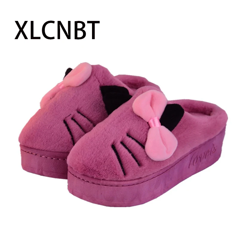 

female winter cute cat cartoon thick bottom slippers household with high waterproof non-slip wedges slippers keep warm plush