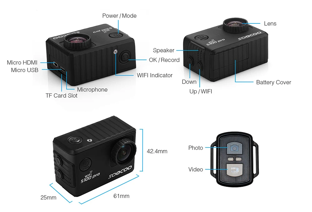 SOOCOO S100 2,0 экран 4K Wifi экшн-Камера спортивная DV 30m Водонепроницаемая