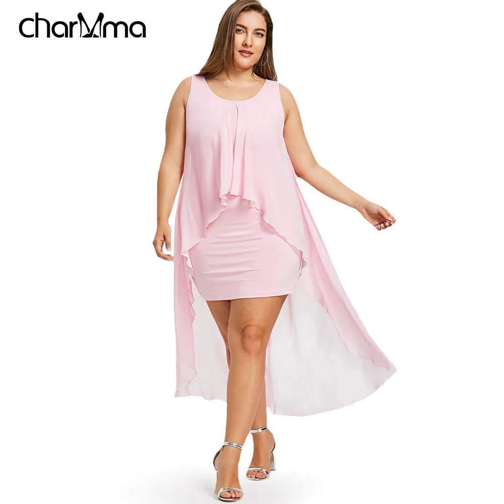 Women Fashions Summer Plus Size Dress 5XL Sleeveless High Low Hem Flyaway Dresses Split Front A-Line O-Neck Party Dress Vestidos Women Fashions Summer Plus Size Dress 5XL Sleeveless High Low Hem Flyaway Dresses Split Front A-Line O-Neck Party Dress Vestidos