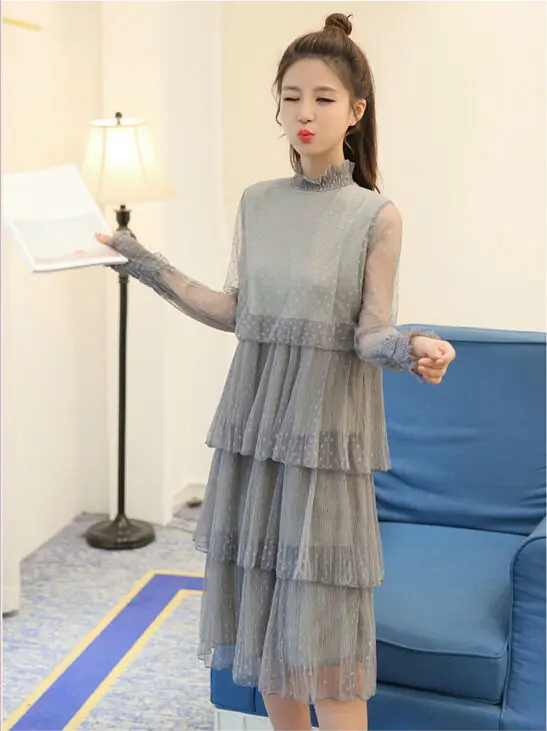 Popular New Fashion Korean Vintage Multilayer Pleated Mesh Dress High Waist Ruffles Long Sleeve Casual Midi Dress Women Dress 2
