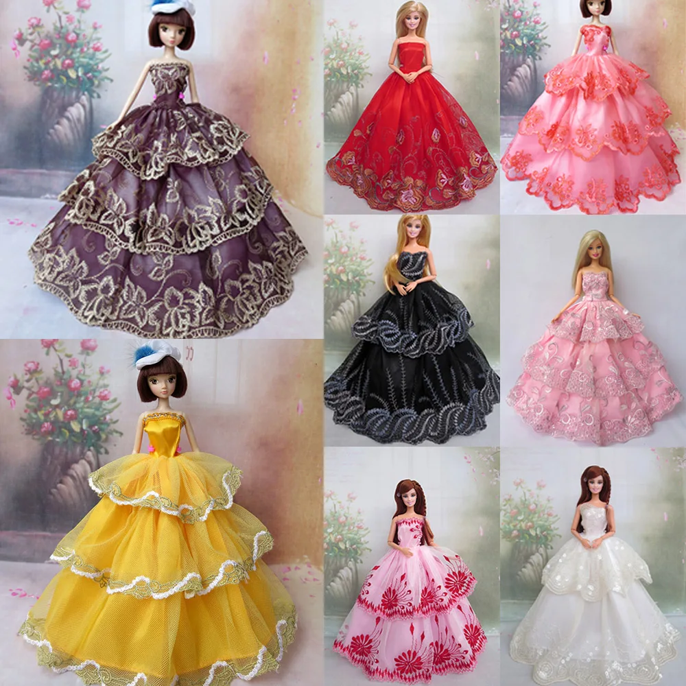 

8Pcs Beautiful Doll Toys Party Lace Satin Formal Long Dress Cloth Grows Princess Outfits Accessories for Barbie Doll Girl's Gift