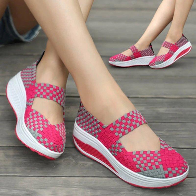 SWYIVY Women Slimming Shoes Woven Breathable Slip-on Sneakers New Wedge Height Increasing Female Toning Swing Shoes