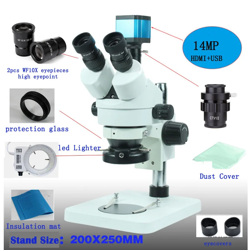 NEWSCOPE 7X-45X Тринокулярный Стерео зум микроскоп 14MP камера HDMI TF карта хранения микроскоп светильник кольцо Защитная крышка