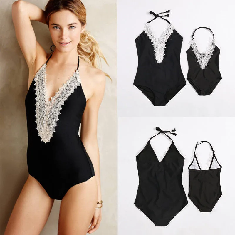 

Family Match Mom Daughter Lace V neck Monokini Swimwear Swimsuit Bathing Suit One Piece Beachwear