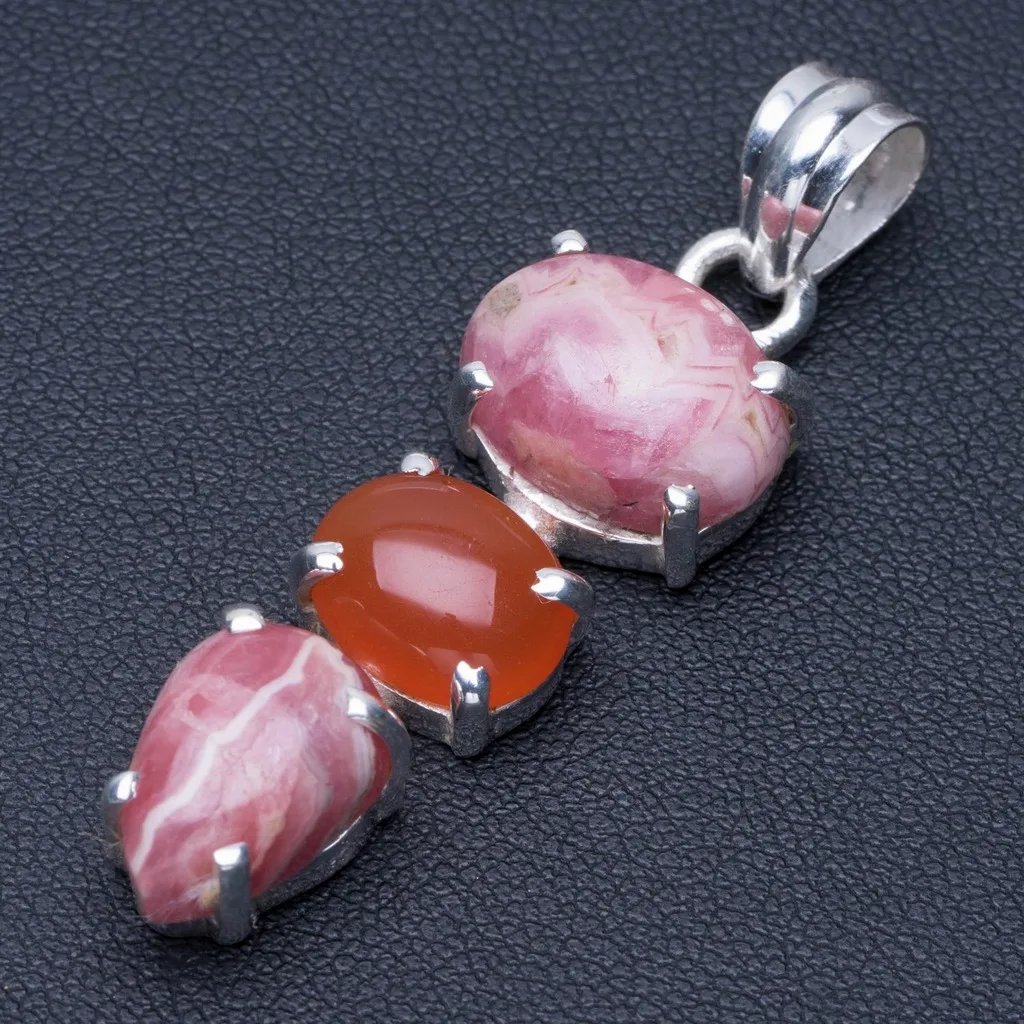 

Natural Rhodochrosite and Carnelian Punk Style 925 Sterling Silver Pendant 2" Q0631