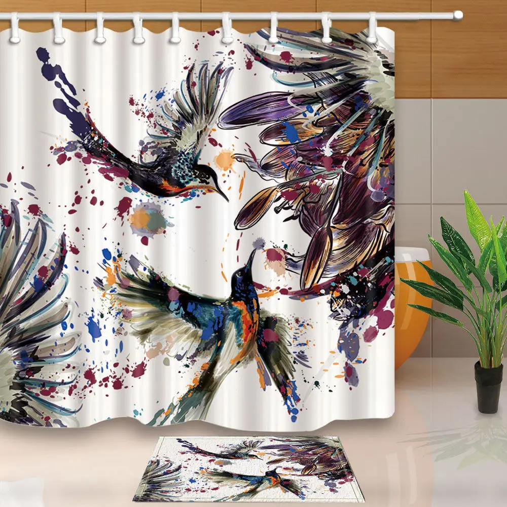 Lily Flowers and Birds Bathroom Shower Curtain Sets Waterproof Fabric