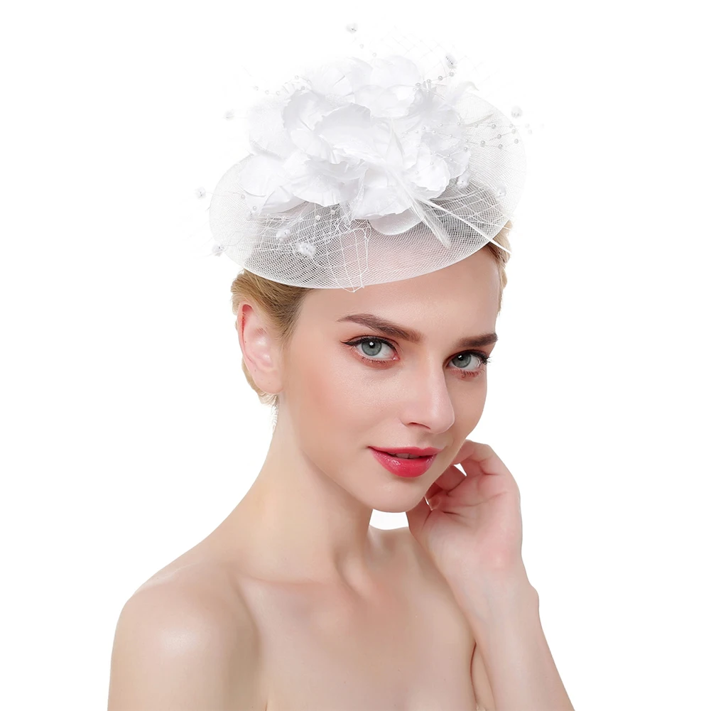 Женские аксессуары для волос, цветок, перья, свадебные Дерби, очаровательные, элегантные, с зажимом, повязка на голову, сетка, свадьба, чародейка, шляпа, головной убор - Цвет: Белый