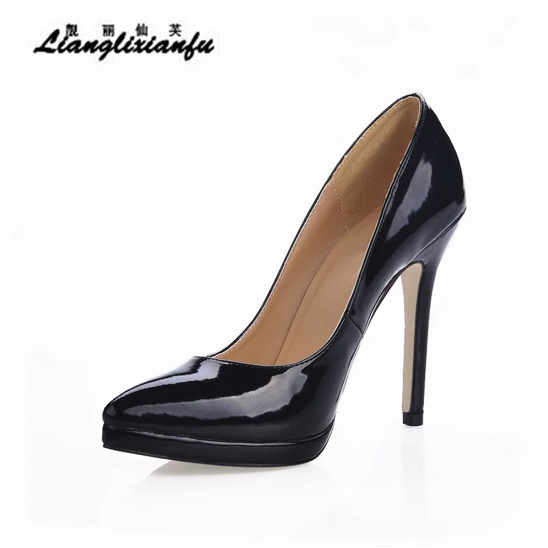 LLXF/весенняя обувь на платформе; zapatos; большие размеры: 41, 42, 43; женские свадебные туфли на шпильке с острым носком; женские туфли-лодочки на высоком тонком каблуке 12 см - Цвет: Черный