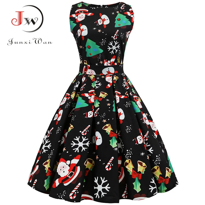 S~3XL Christmas Women  Floral Print Slim Vintage Casual Sleeveless Elegant Midi Party Dresses Vestidos Robe