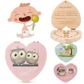

LOVE Heart Dutch/Portugal /English/ Italy/France Kids Tooth Box Owl/Elephant Color Paint Baby Save Milk Teeth Wood Storage Box