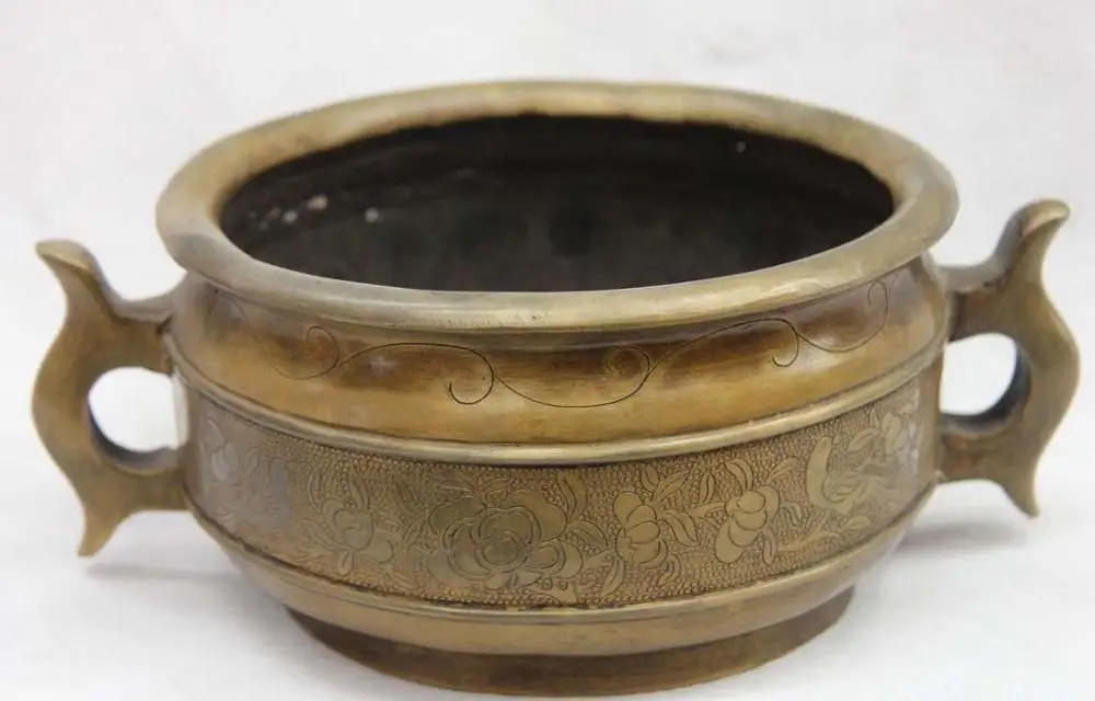 

China Folk Fane Pure Bronze Copper Peony Bird Swallow Ding Incense Burner Censer