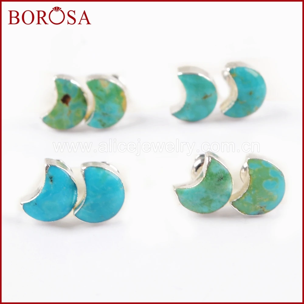 

BOROSA 5Pairs Wholesale Silver Color Natural Turquoises Natural Blue Stone Moon Crescent Stud Earrings Jewelry for Women S1225