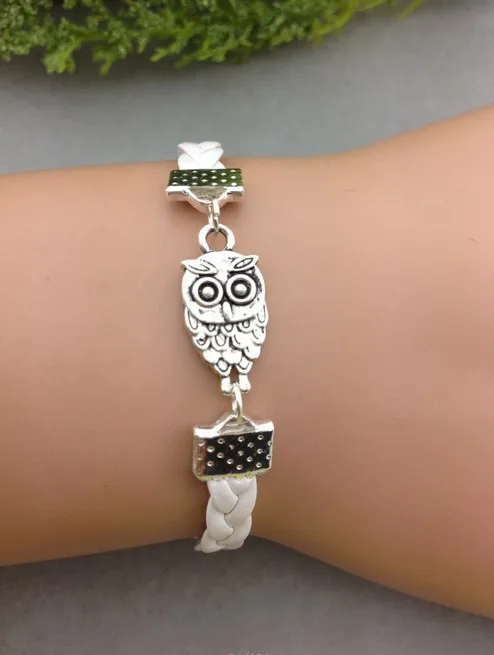 

1pc Bracelet--owls white braid leather antique silver owl owl braid bracelet 1092