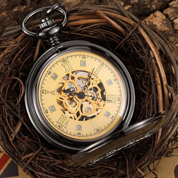 

Vintage Black Necklace Watch Hand WInd Mechanical Pocket Watch With Roman Numberals Luxury Skeleton Fob Pendant Watch Men Gift