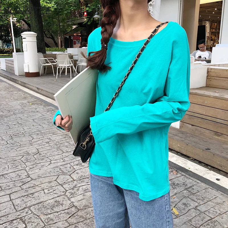 

T-shirts Women 2019 Korean Style Spring Fashion All-match Soft Womens Elegant Candy Color Simple T-shirt Long Sleeve Tops O-Neck