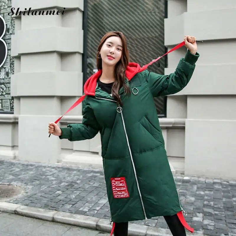 New Winter Jacket Women Green Women's Parka With Hat Patchwork Black