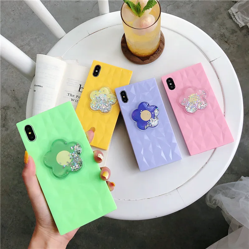 

For Iphone Xs Max Case Glitter Quicksand Flower 3D Rhombus Texture Glossy Cover for Iphone 8 7 6 6s Plus Xr X Soft Case Coque