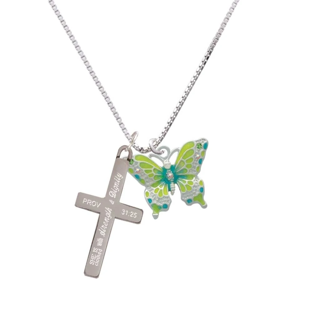 Large Lime Green & Blue Butterfly - Strength and Dignity - Cross Necklace