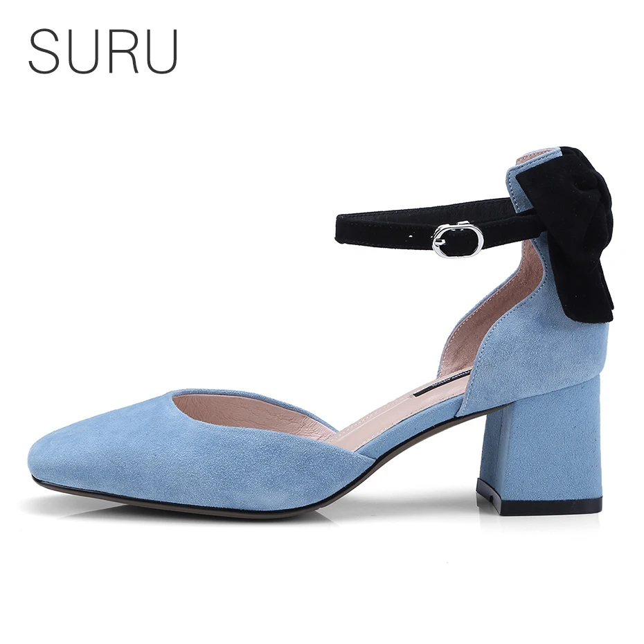SURU Flare Block Heel D'Orsay Pumps Women Bow detail 2 Inches Heels For Ladies On Their Party Office , Elegant Schoolgirls Shoes