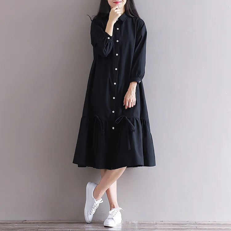 

Autumn New women art stitching square collar cotton and linen long sleeve Dress Loose brief Dress High Quality Solid color