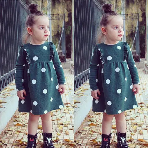 New Style Kids Girl Baby Green Bow Party Dress Polka Dot Gown Princess