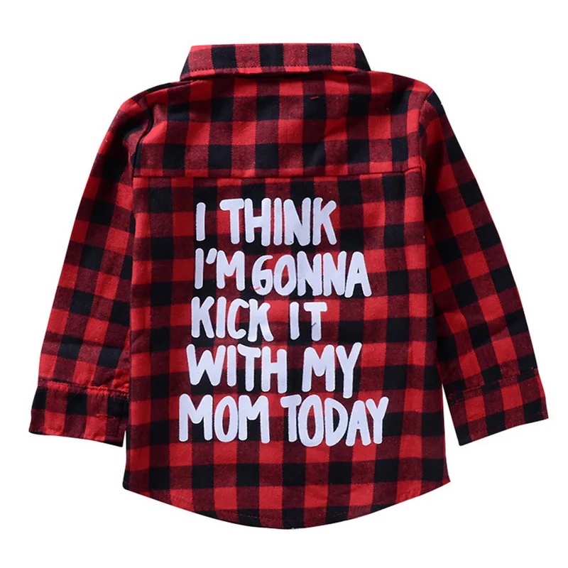 Shujin Kids Little Boys Girls Baby Letters Print Long Sleeve Button Down Red Plaid Flannel Shirt Spring Autumn New Fashion
