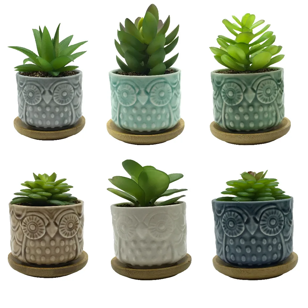 6 PCS Set Cute Cartoon Animal Owl Shaped Ceramic Succulent Cactus Flower Plant Pots with Bamboo Tray for Home Garden Decoration | Дом и сад