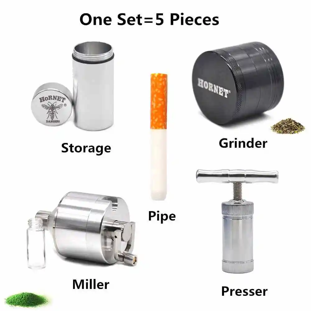 Набор для курения-алюминиевый диам. 1,9" травяной измельчитель+ воронка миллер обработчик дробилка+ контейнер для хранения+ пыльца прижимная+ керамическая труба - Цвет: Серебристый