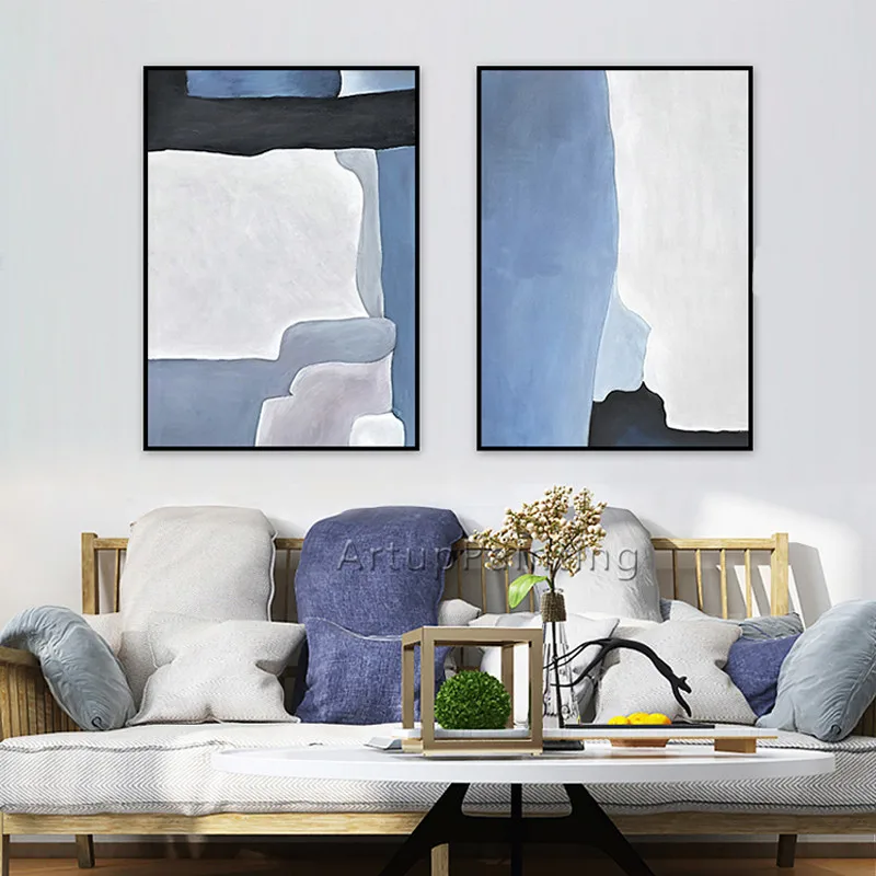 

Modern Abstract Blue White Black Sea Hand-Painted Oil Painting Wall Art Acrylic Canvas Picture Poster Liveingroom Home decor