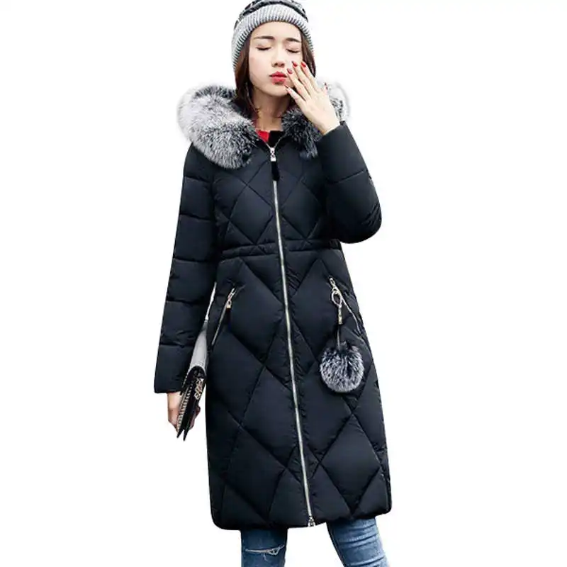 Большое меховое зимнее пальто, утолщенная парка, женское простроченное тонкое длинное зимнее пальто, пуховое хлопковое женское пуховое пальто, пуховик для женщин - Цвет: Black