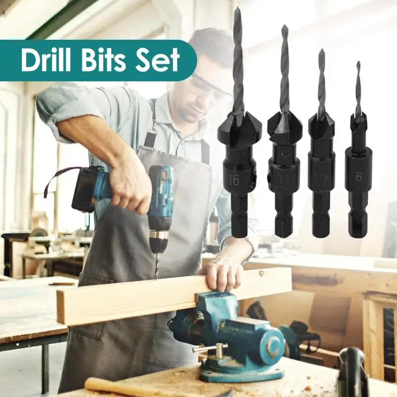 

4pcs Conical Hex Shank Countersink Drill Woodworking Drill Bit Drilling Set