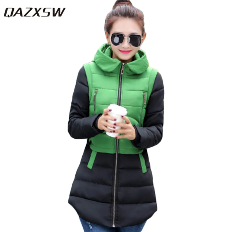

QAZXSW New Women's Basic Coat Winter Cotton Jackets For Women Warm Outwear Hooded Padded Long Thick Overcoat Abrigos Mejur HB036