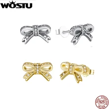 Подлинные 925 пробы серебряные сверкающие серьги-гвоздики с бантом с прозрачным CZ для женщин совместимы с ювелирным подарком