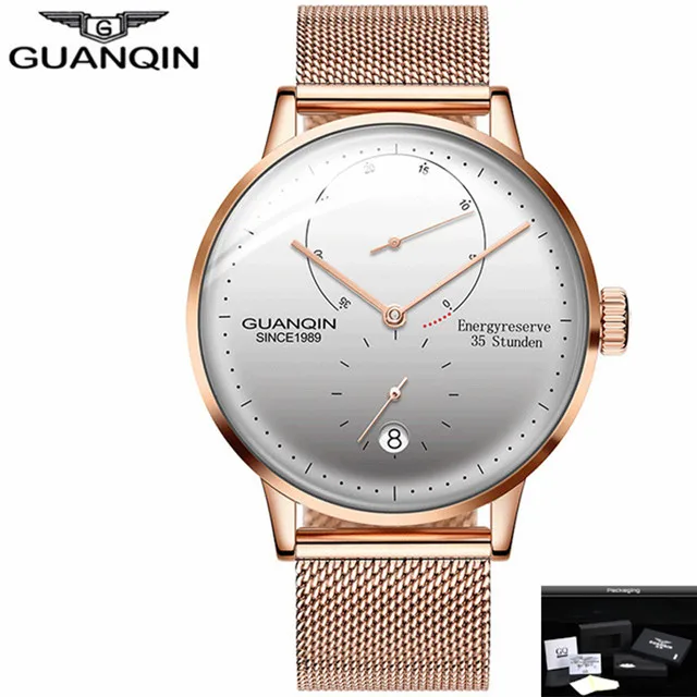 GUANQIN мужские часы Топ бренд класса люкс Мужские автоматические механические часы повседневные светящиеся наручные часы с кожаным ремешком Прямая поставка - Цвет: gold white B