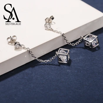 

SA SILVERAGE Real 925 Sterling Silver Square Rhinestones Drop Earrings For Women Fine Jewelry Trendy Tassel Earrings Set 2019